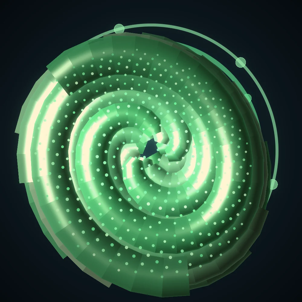 Jade Seedhead – Fibonacci · 237 circles · Jade palette · shaded ribbons, bloom, warm grade, 3D depth, connecting lines generated with Espiralito