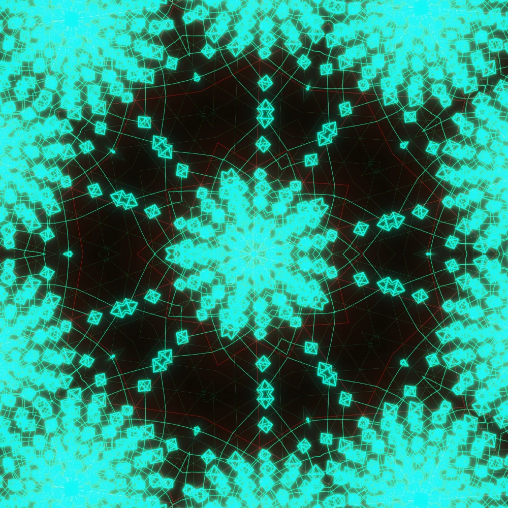 Jade Temple – Mandala · 259 wireframe octahedra · Complementary Teal palette · 5-wedge kaleidoscope with 2 fractal folds, bloom, glow generated with Espiralito