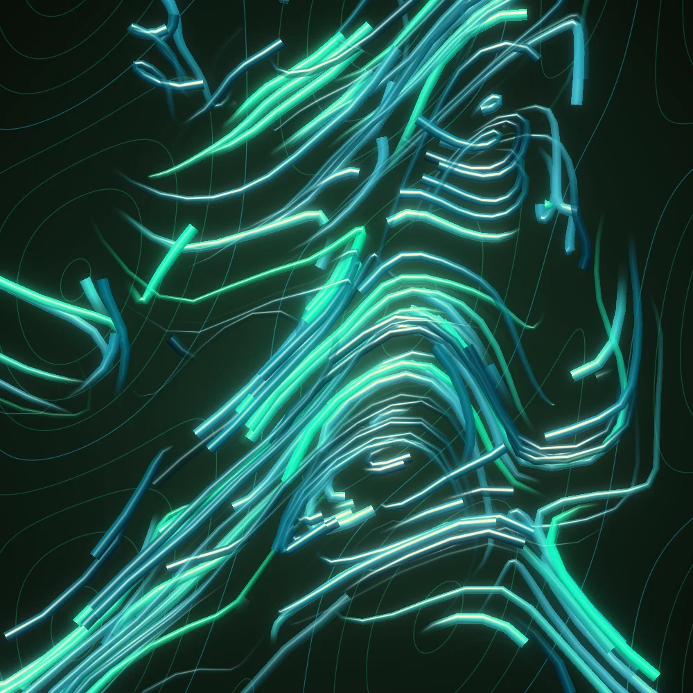 Kelp Tide – Flow field · Deep Ocean Neon palette · shaded flow ribbons, bloom, warm grade generated with Espiralito