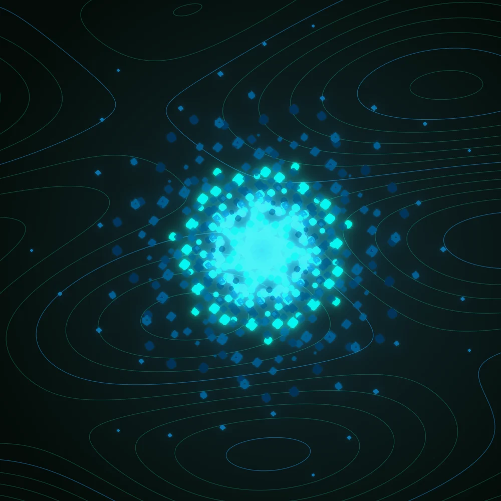 Lagoon Gems – Spiral · 61 wireframe octahedra · 7-fold symmetry · Deep Ocean Neon palette · bloom, 3D depth, ellipse distortion, dual spiral, tapered strokes, animated background, fit-to-canvas, glow, noise-sized shapes, depth sorting, turning solids generated with Espiralito