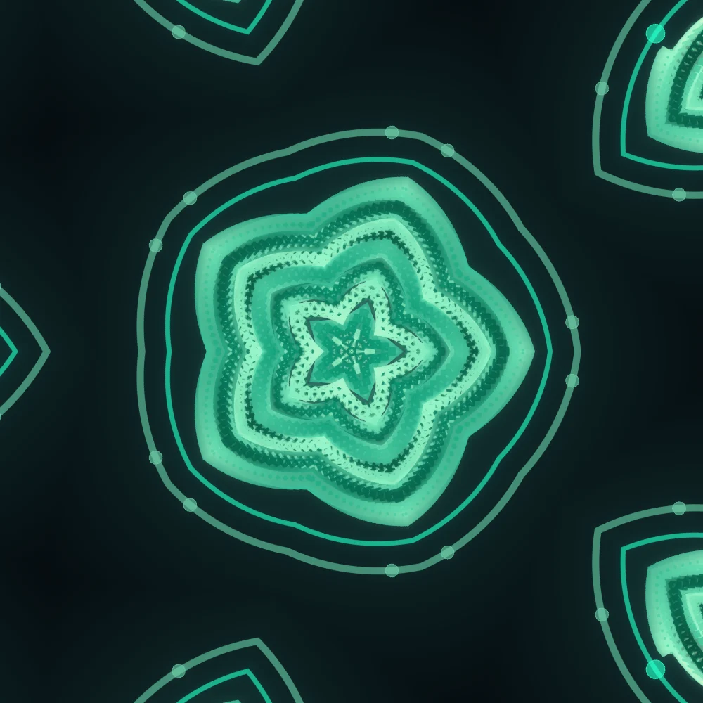 Lagoon Octahedra – Spiral · 244 wireframe octahedra · 2-fold symmetry · Lagoon palette · ribbons + dots, 5-wedge kaleidoscope with 1 fractal fold, bloom, warm grade, 3D depth, dual spiral, animated background, turning solids generated with Espiralito