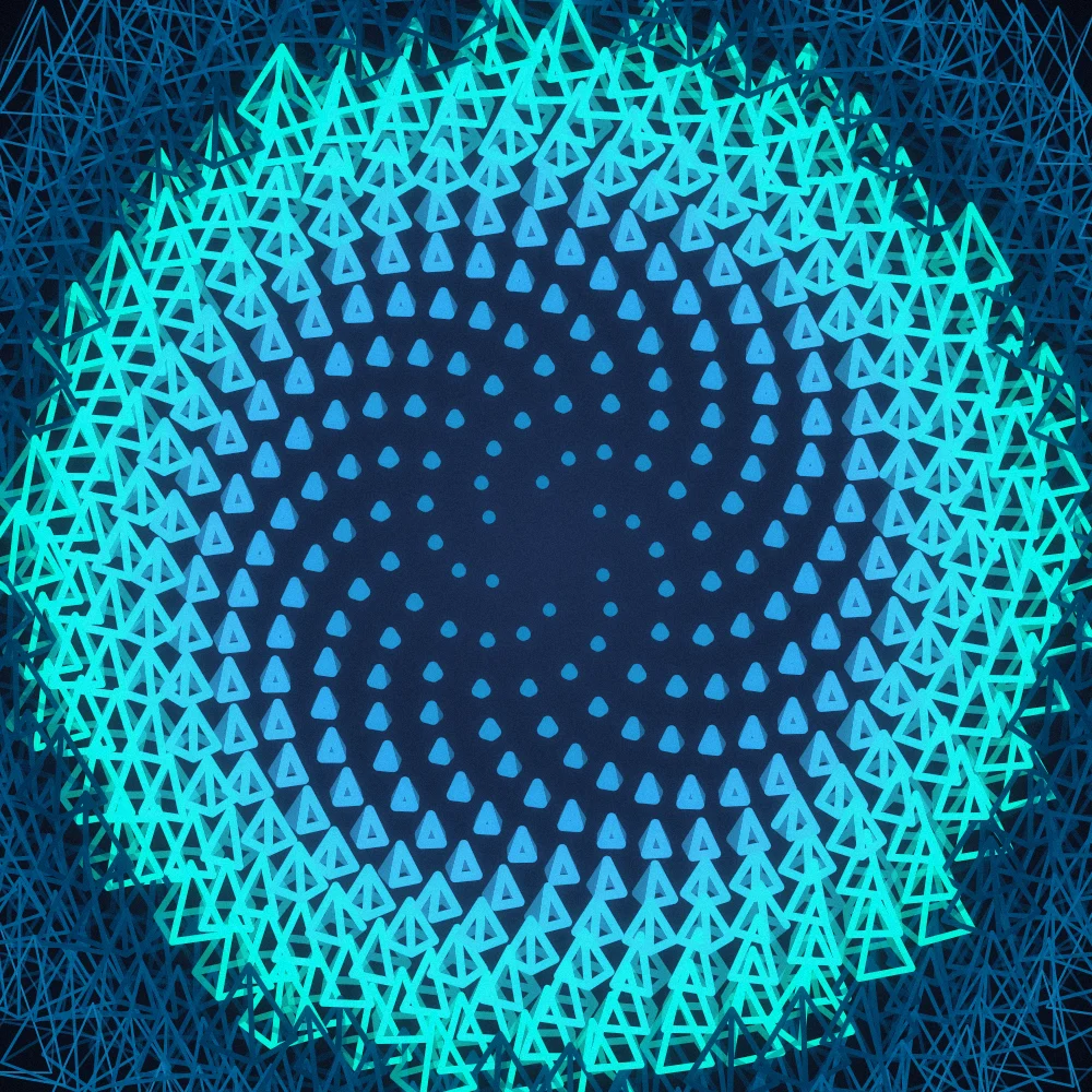 Lagoon Pyramids – Fibonacci · 125 wireframe pyramids · 6-fold symmetry · Deep Ocean Neon palette · bloom, film grain, tapered strokes, turning solids generated with Espiralito