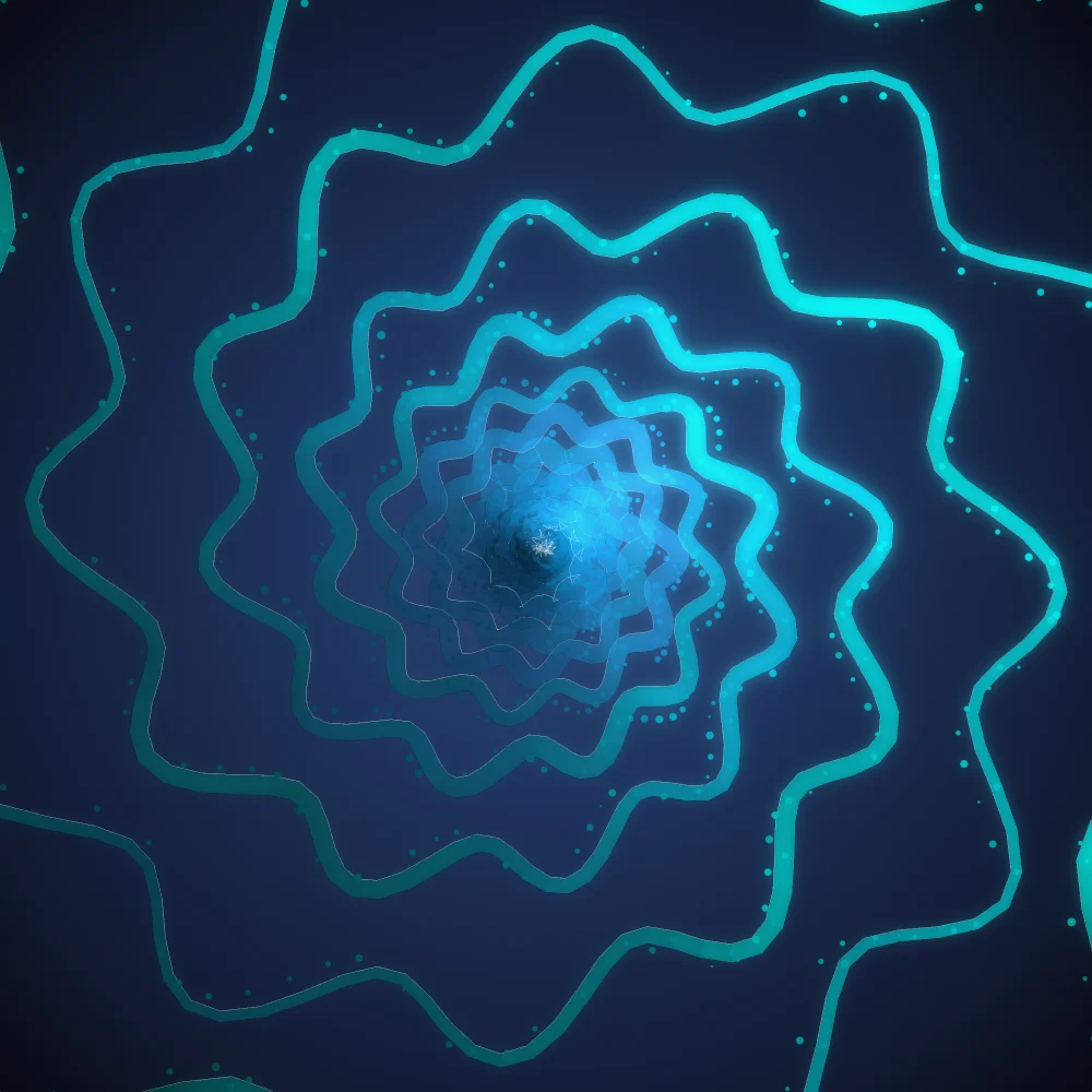 Lagoon Shell – Organic · 160 circles · 4-fold symmetry · Deep Ocean Neon palette · bloom, tapered strokes generated with Espiralito