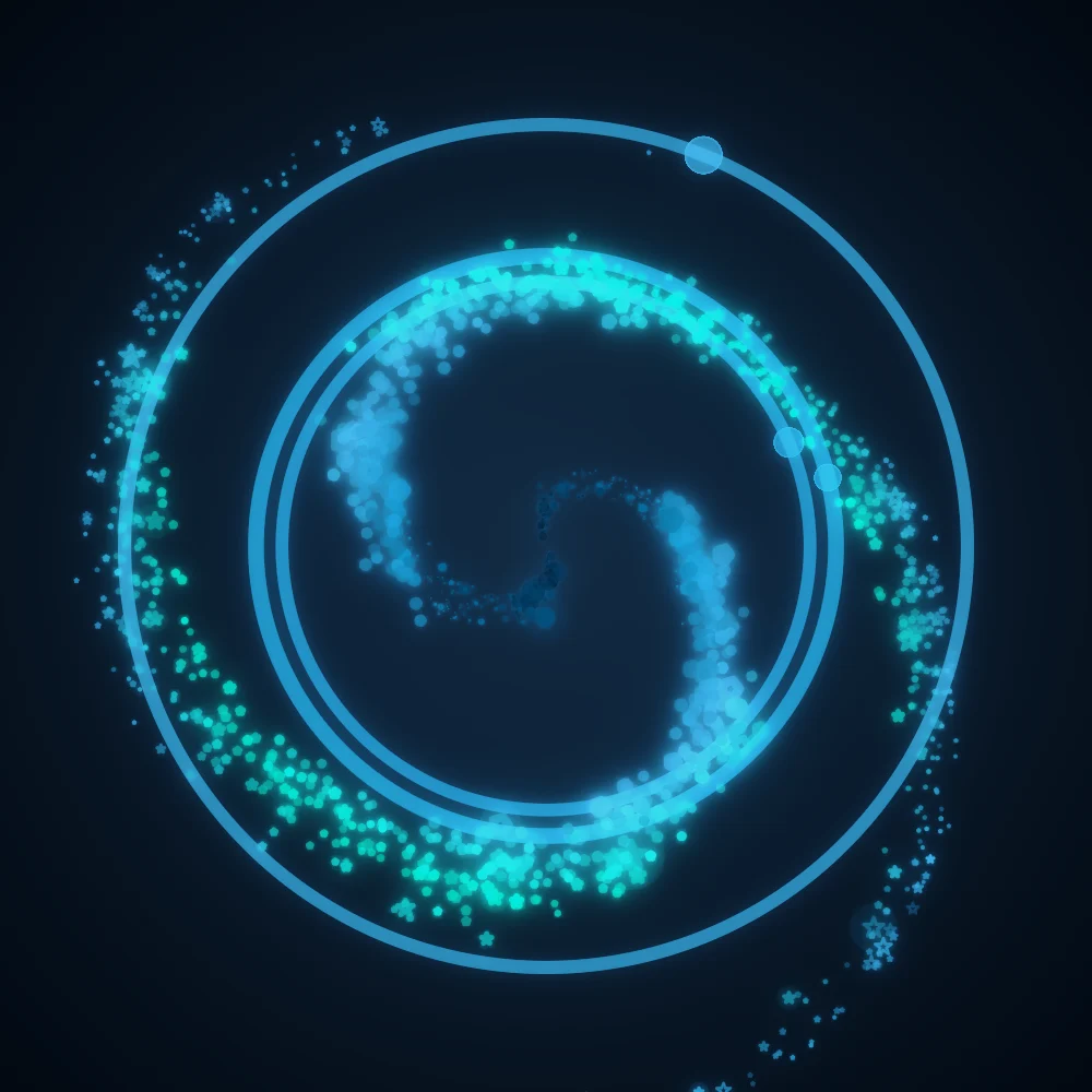 Lagoon Spiral – Spiral · 235 circles · 2-fold symmetry · Deep Ocean Neon palette · shaded ribbons, bloom, 3D depth, tapered strokes, shape morphing, glow, noise-sized shapes generated with Espiralito