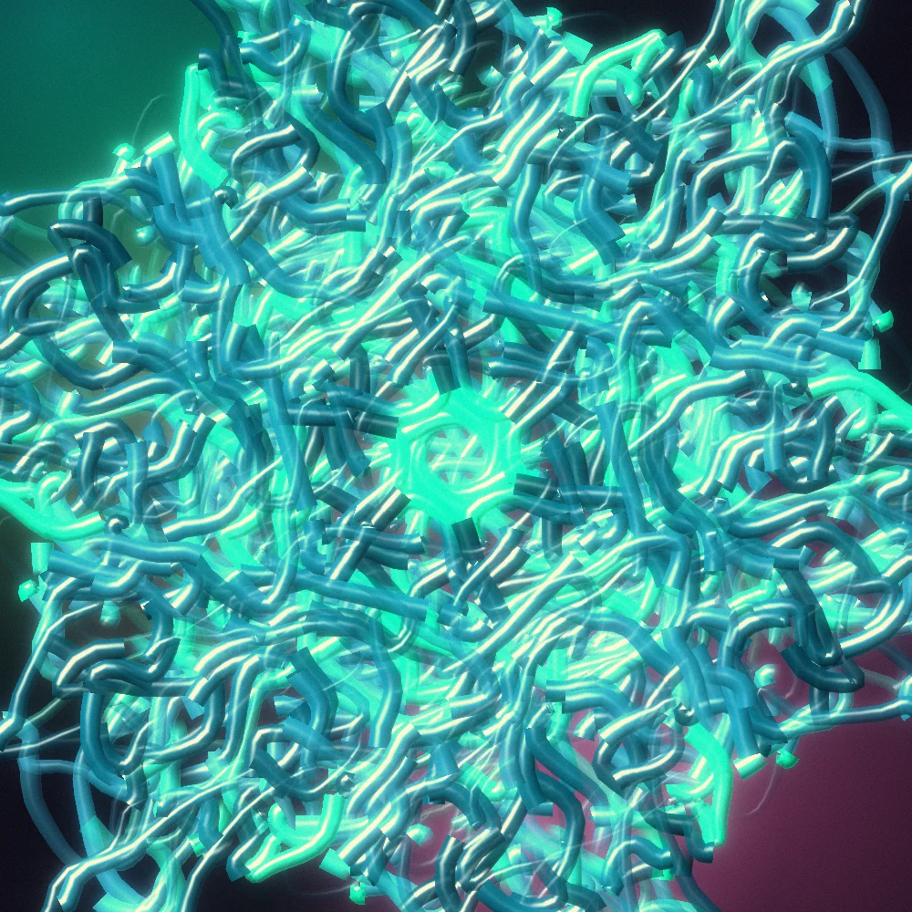 Lagoon Weave – Flow field · 6-fold symmetry · Deep Ocean Neon palette · shaded flow ribbons, bloom, film grain, warm grade generated with Espiralito