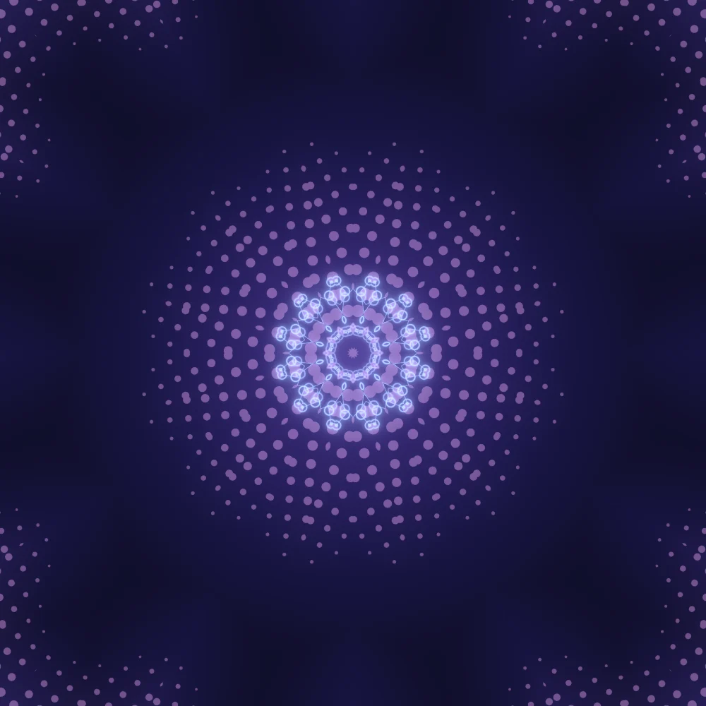 Lavender Dome – Mandala · 220 circles · Candy palette · 12-wedge kaleidoscope with 1 fractal fold, bloom, cool grade, glow generated with Espiralito