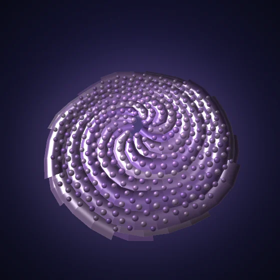 Lavender Phyllotaxis – Fibonacci · 175 circles · Lavender palette · ribbons + dots, , 3D depth, animated background, motion trails