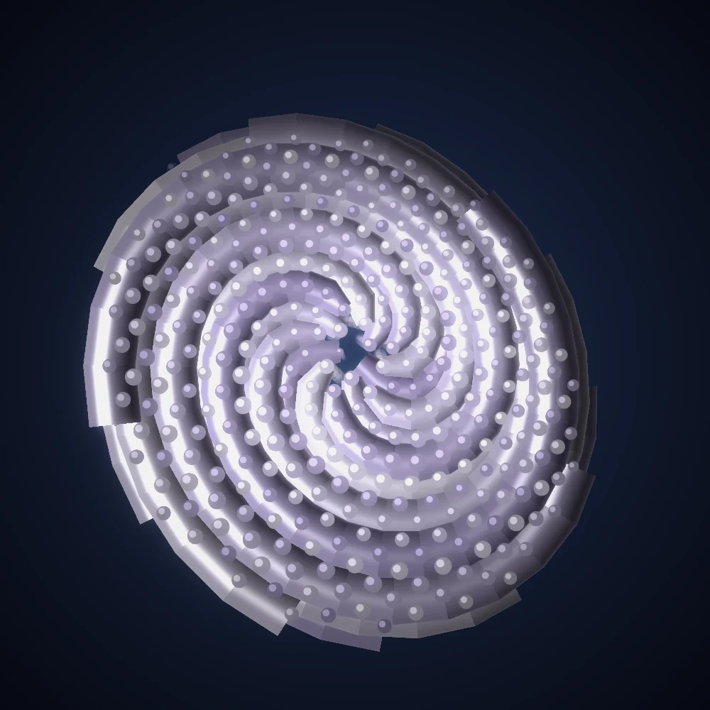 Lavender Phyllotaxis – Fibonacci · 175 circles · Lavender palette · ribbons + dots, bloom, 3D depth, motion trails generated with Espiralito