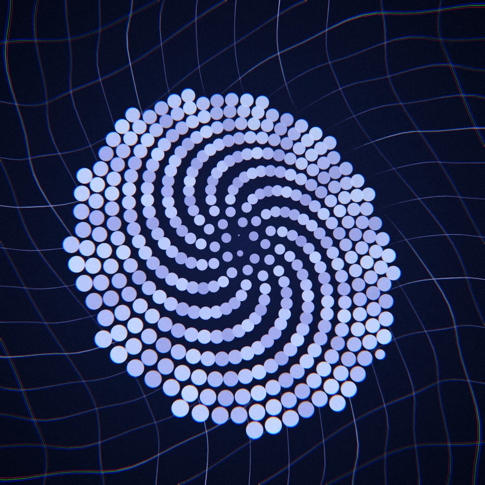 Lavender Sunwheel – Fibonacci · 187 circles · Lavender palette · chromatic aberration, film grain, cool grade, 3D depth, reverse rotation, depth sorting generated with Espiralito