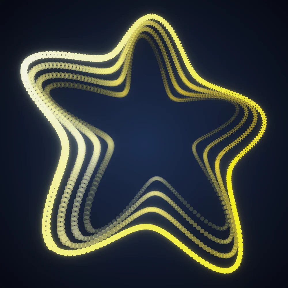 Lemon Bloom – Superformula · 197 circles · 5-fold symmetry · Lemon palette · bloom, 3D depth, tapered strokes, shape morphing, fit-to-canvas, depth sorting generated with Espiralito