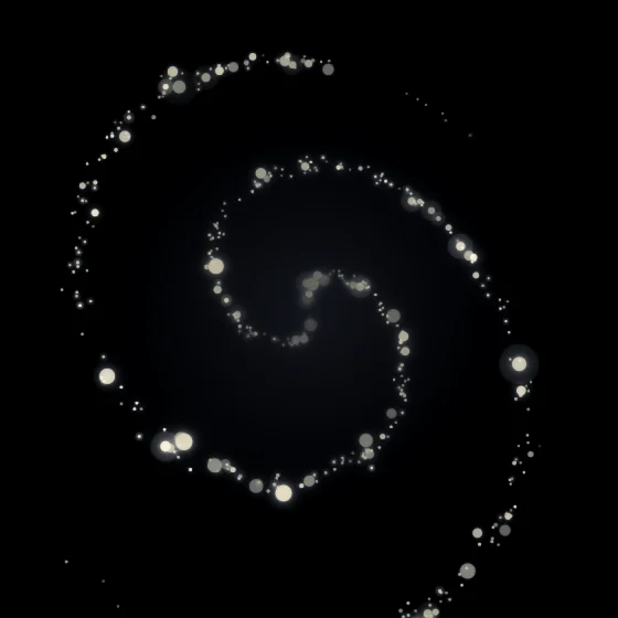 Lemon Whorl – Spiral · 77 circles · 2-fold symmetry · Lemon palette · bloom, black-and-white grade, 3D depth, glow, depth sorting