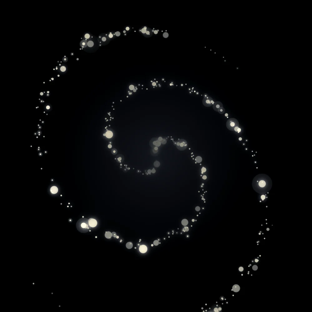 Lemon Whorl – Spiral · 77 circles · 2-fold symmetry · Lemon palette · bloom, black-and-white grade, 3D depth, glow, depth sorting generated with Espiralito