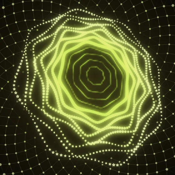 Lime Bloom – Superformula · 217 circles · 8-fold symmetry · Lime palette · bloom, 3D depth, tapered strokes, shape morphing, fit-to-canvas, glow, noise-sized shapes, depth sorting