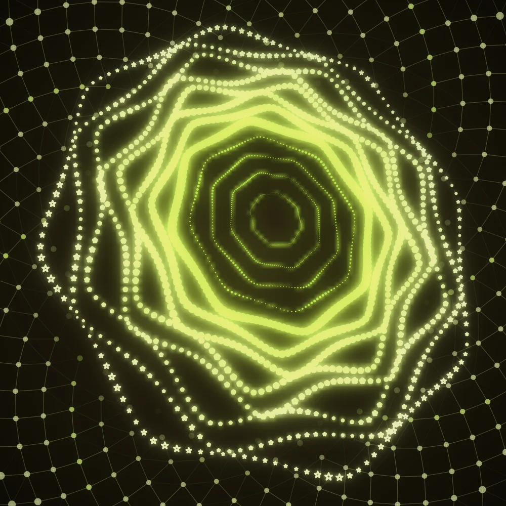 Lime Bloom – Superformula · 217 circles · 8-fold symmetry · Lime palette · bloom, 3D depth, tapered strokes, shape morphing, fit-to-canvas, glow, noise-sized shapes, depth sorting generated with Espiralito