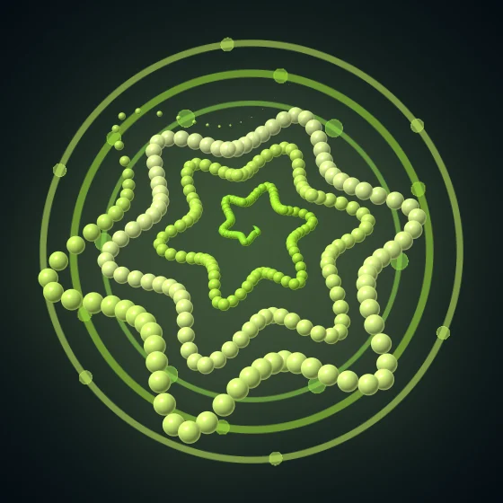 Lime Crest – Superformula · 152 circles · 6-fold symmetry · Lime palette · , 3D depth, animated background, depth sorting
