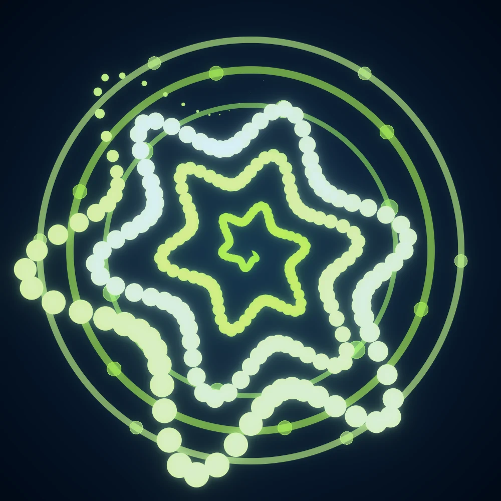 Lime Crest – Superformula · 152 circles · 6-fold symmetry · Lime palette · bloom, cool grade, 3D depth, depth sorting generated with Espiralito