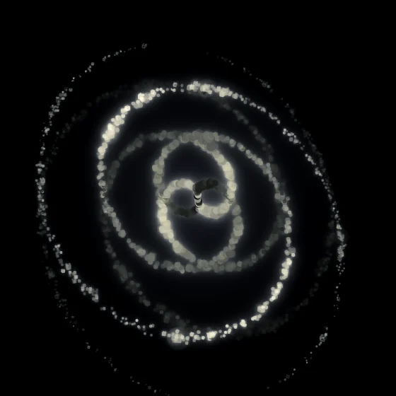 Lime Cubes – Spiral · 180 wireframe cubes · 2-fold symmetry · Lime palette · bloom, black-and-white grade, 3D depth, dual spiral, tapered strokes, glow, noise-sized shapes, depth sorting, turning solids
