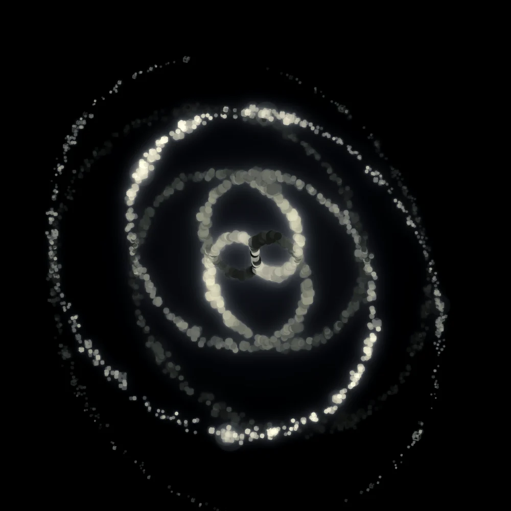 Lime Cubes – Spiral · 180 wireframe cubes · 2-fold symmetry · Lime palette · bloom, black-and-white grade, 3D depth, dual spiral, tapered strokes, glow, noise-sized shapes, depth sorting, turning solids generated with Espiralito