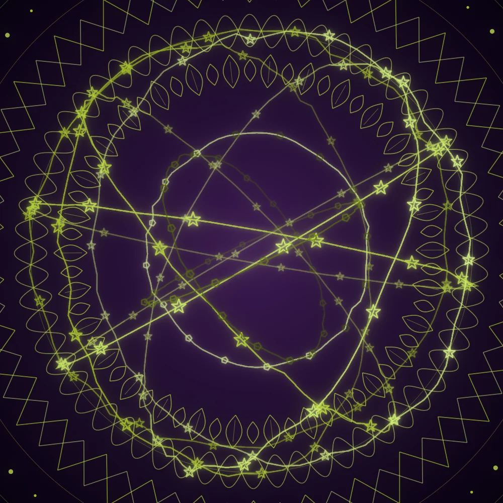 Lime Pyramids – Mandala · 220 wireframe pyramids · Lime palette · bloom, shape morphing, glow, turning solids generated with Espiralito