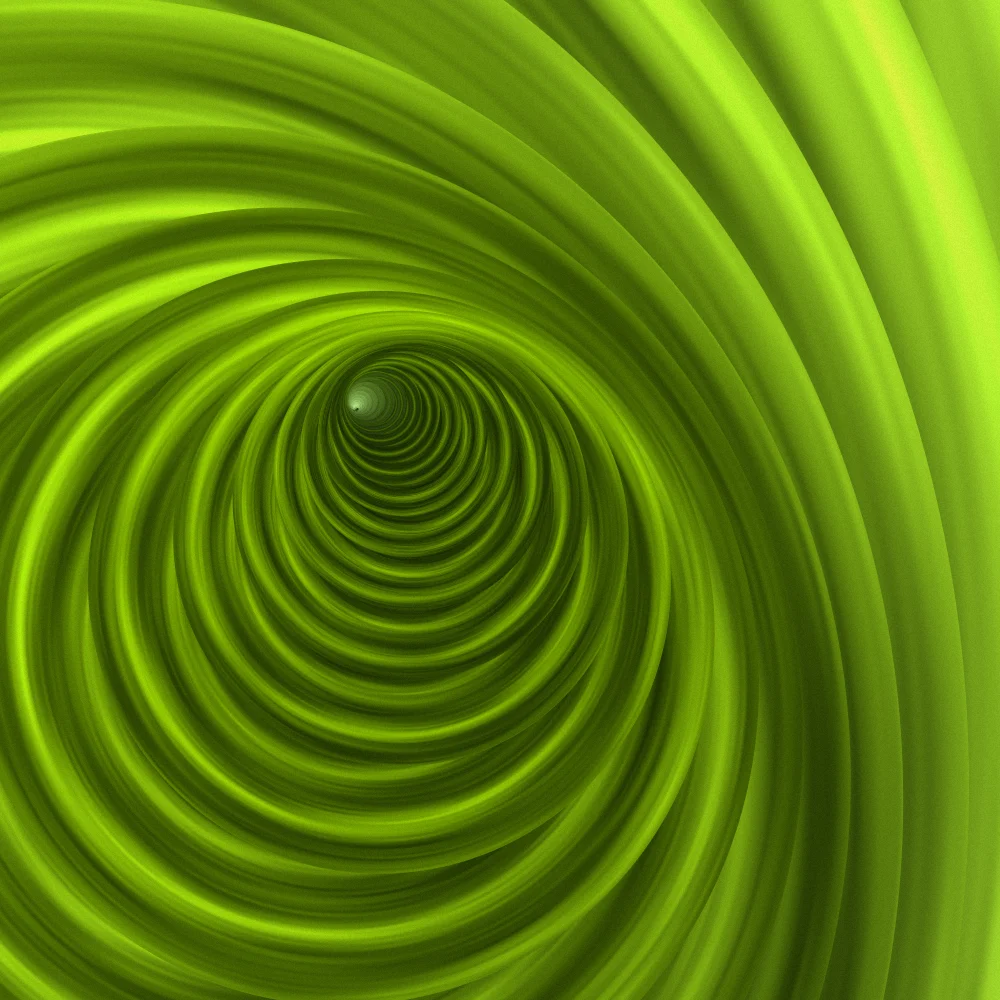 Lime Tunnel – Swirls · a stack of paper discs sinking into a tunnel · Lime palette · bloom, film grain, cool grade, reverse rotation generated with Espiralito