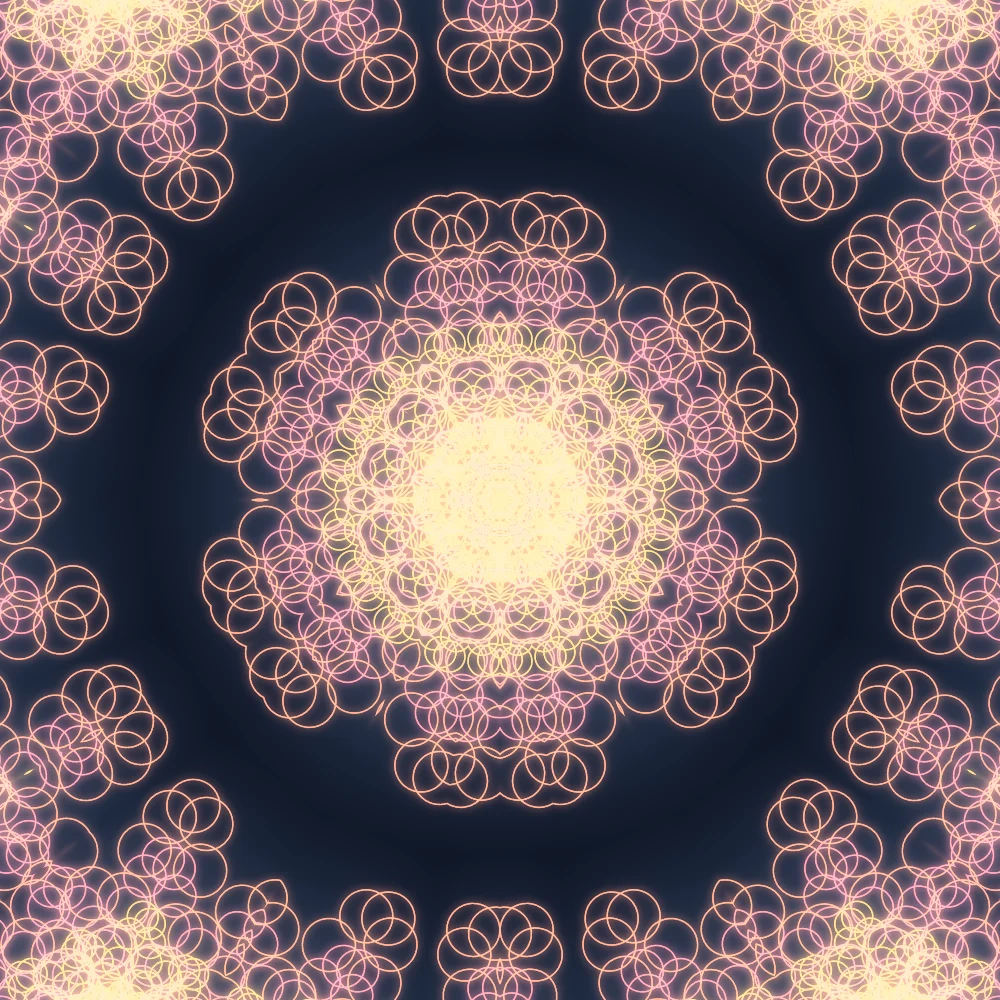 Lotus Engine – Mandala · 300 circles · Sunset palette · 6-wedge kaleidoscope with 2 fractal folds, bloom, warm grade generated with Espiralito
