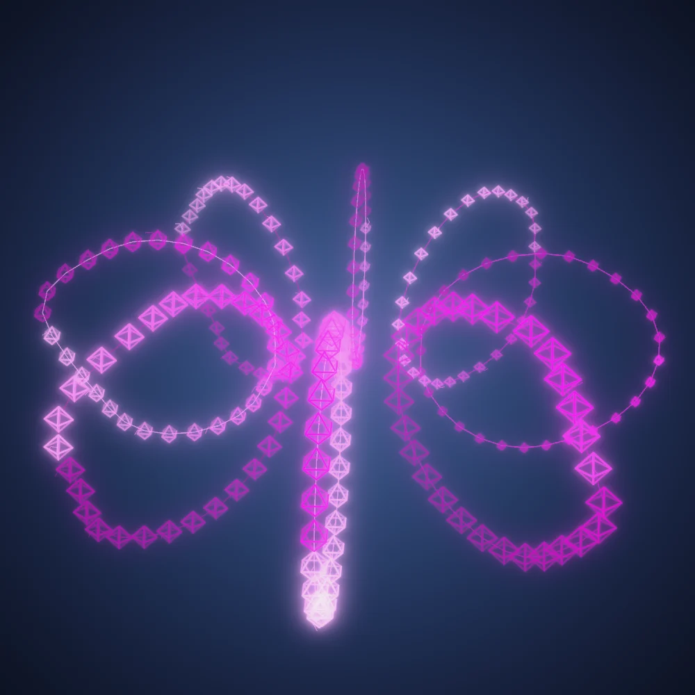 Magenta Orbitals – Mandala · 220 wireframe octahedra · Mono Magenta palette · bloom, glow, turning solids generated with Espiralito
