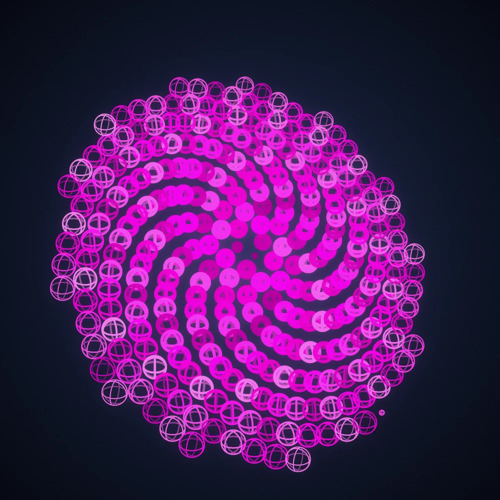 Magenta Orbs – Fibonacci · 144 wireframe spheres · Mono Magenta palette · bloom, film grain, 3D depth, tapered strokes, turning solids generated with Espiralito