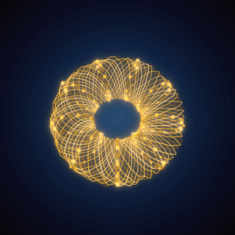 Marigold Cubes – Mandala · 220 wireframe cubes · Marigold palette · bloom, warm grade, glow, turning solids generated with Espiralito