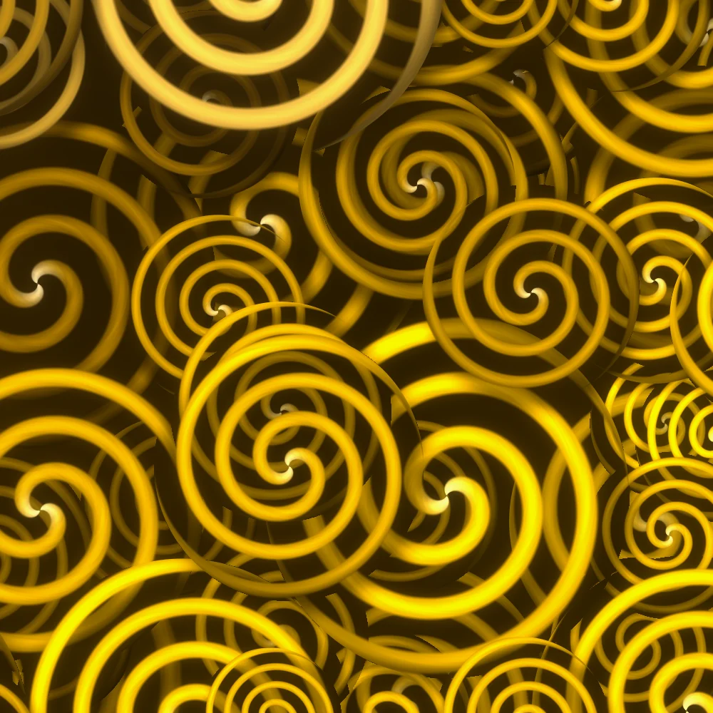 Marigold Curls – Swirls · glowing curls over curls · 2 arms · Marigold palette · bloom, reverse rotation generated with Espiralito