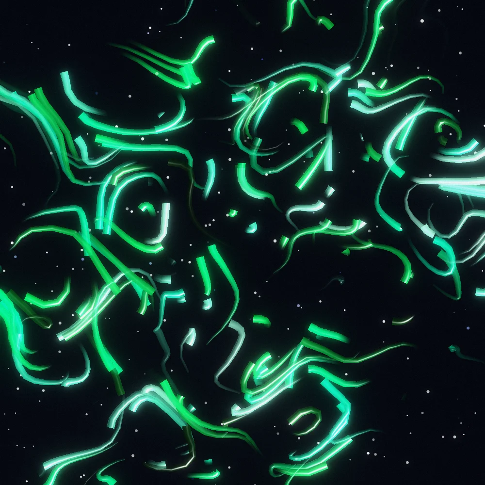 Marsh Fireflies – Flow field · Bioluminescent palette · shaded flow ribbons, bloom, film grain generated with Espiralito