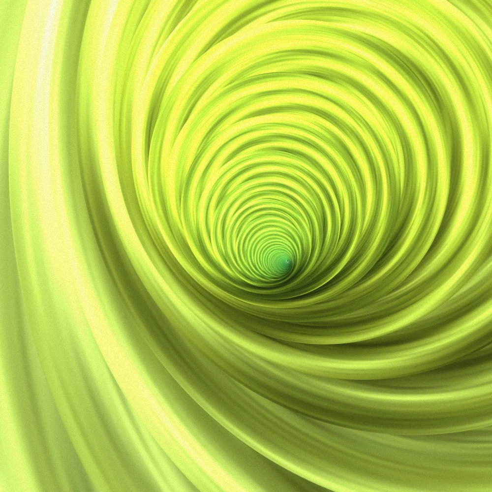 Meadow Descent – Swirls · a stack of paper discs sinking into a tunnel · 3 arms · Meadow palette · bloom, film grain, reverse rotation generated with Espiralito