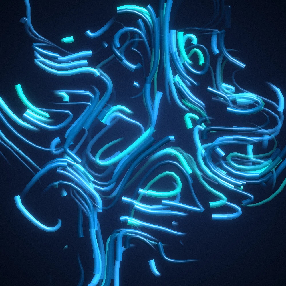 Midnight Stream – Flow field · Deep Ocean Neon palette · shaded flow ribbons, bloom, film grain, cool grade generated with Espiralito