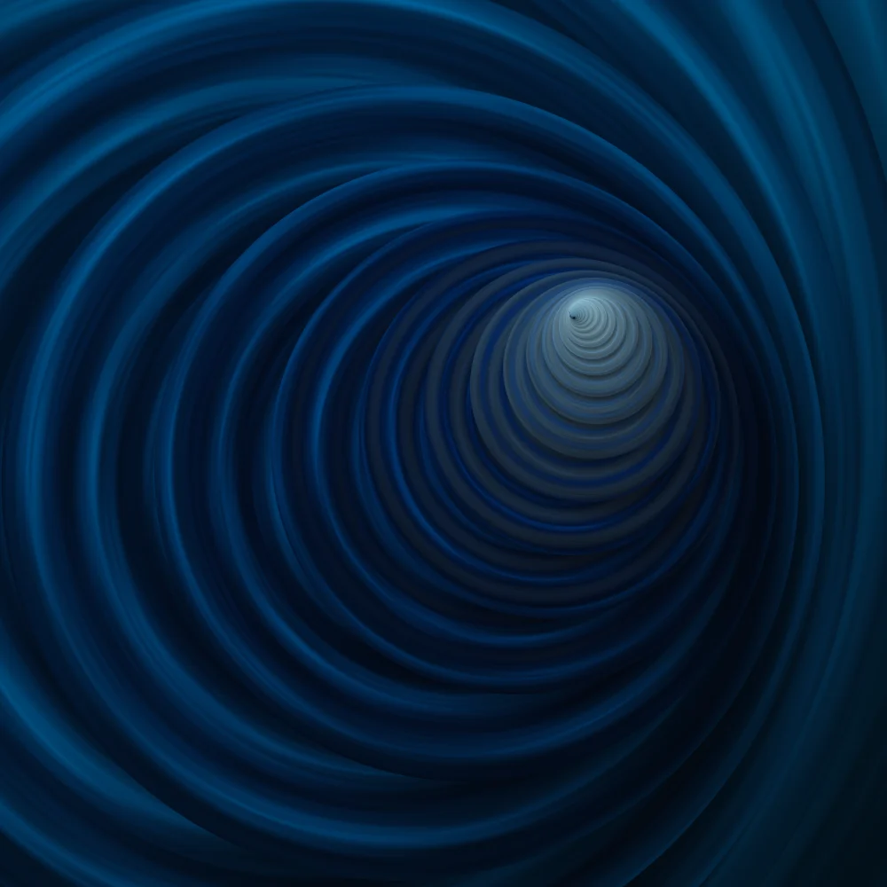 Midnight Tunnel – Swirls · a stack of paper discs sinking into a tunnel · Midnight palette · bloom, warm grade, reverse rotation generated with Espiralito