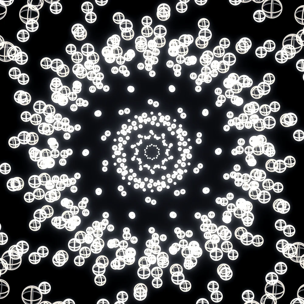 Moon Marbles – Spiral · 135 wireframe spheres · 10-fold symmetry · Candy palette · bloom, black-and-white grade, 3D depth, dual spiral, depth sorting, turning solids generated with Espiralito