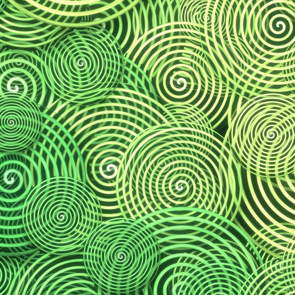 Moss Curls – Swirls · glowing curls over curls · Moss palette · bloom, reverse rotation generated with Espiralito