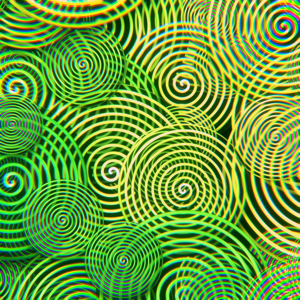 Moss Koru – Swirls · glowing curls over curls · Moss palette · bloom, chromatic aberration, neon grade, reverse rotation generated with Espiralito
