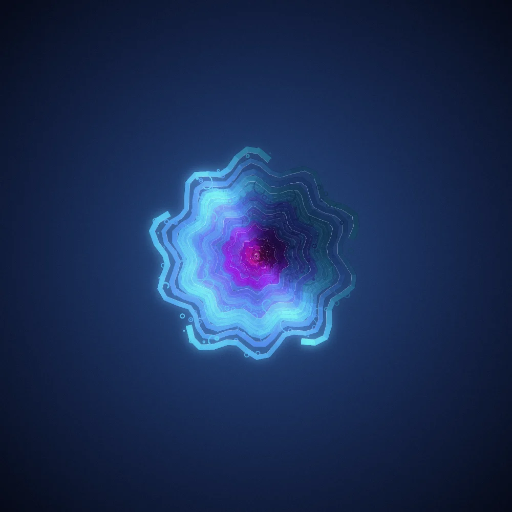 Nautilus Study – Organic · 200 circles · 5-fold symmetry · Iridescent palette · bloom, film grain generated with Espiralito
