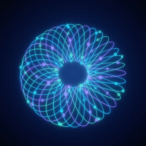 Neon Cubes – Mandala · 220 wireframe cubes · Neon palette · bloom, cool grade, glow, turning solids