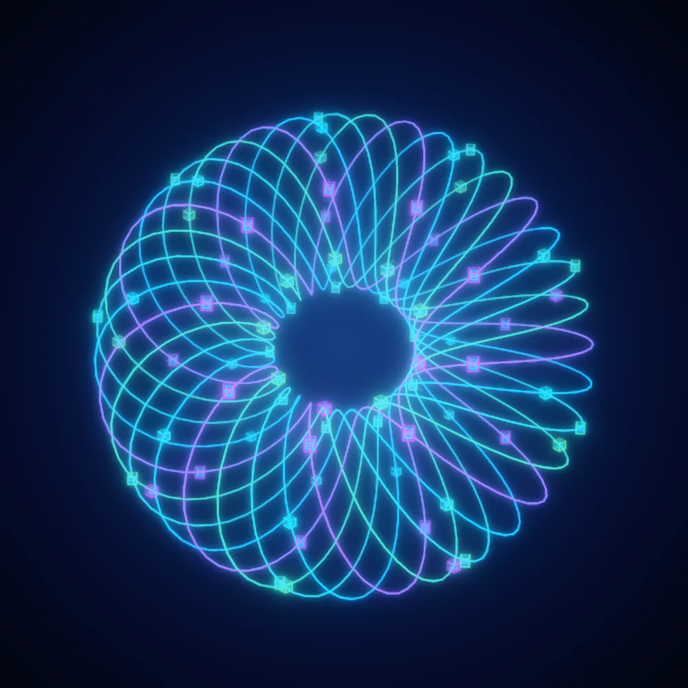 Neon Cubes – Mandala · 220 wireframe cubes · Neon palette · bloom, cool grade, glow, turning solids generated with Espiralito