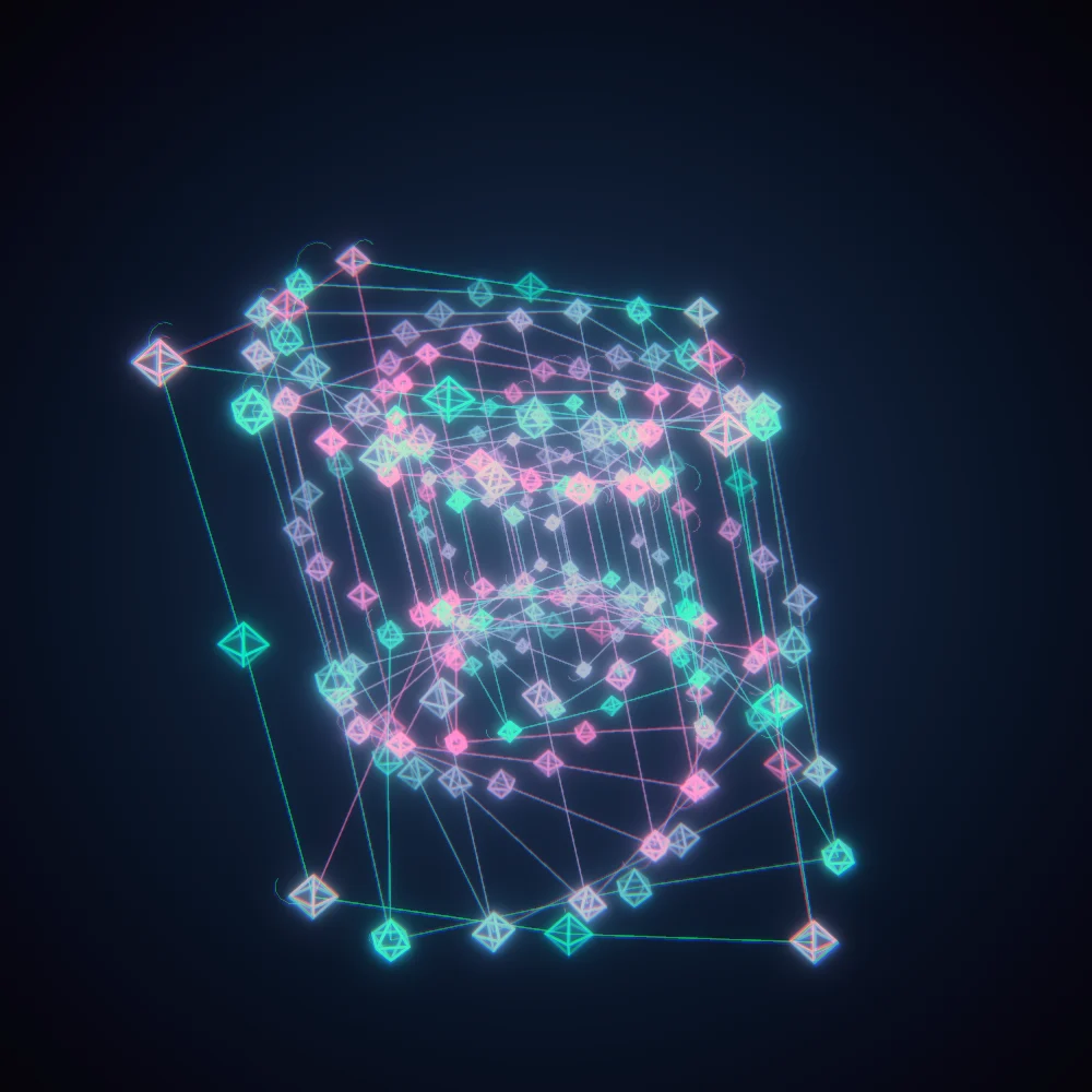 Neon Octahedra – Mandala · 220 wireframe octahedra · Neon palette · bloom, chromatic aberration, warm grade, 3D depth, glow, depth sorting, turning solids generated with Espiralito