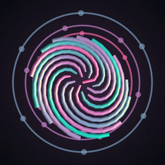 Neon Orbital Seedhead – Fibonacci · 95 circles · Neon palette · shaded ribbons, film grain, warm grade, 3D depth, animated background