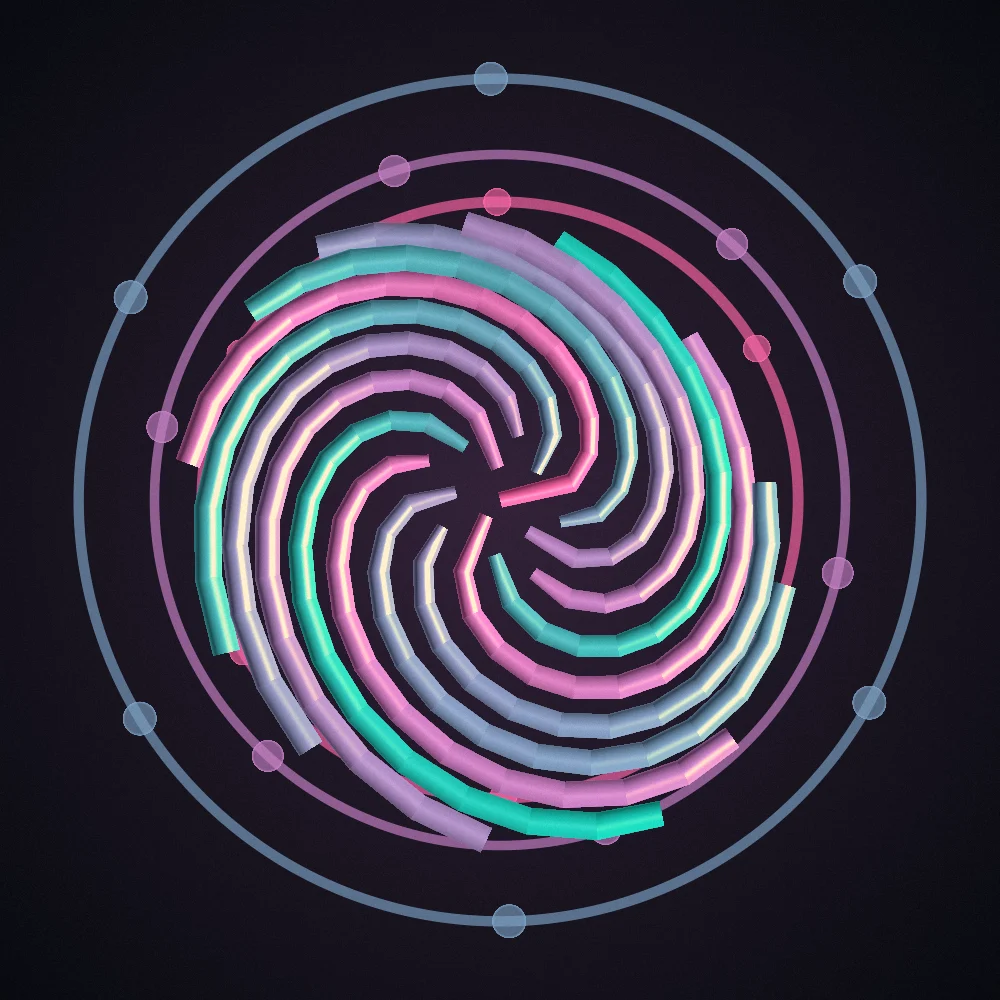 Neon Orbital Seedhead – Fibonacci · 95 circles · Neon palette · shaded ribbons, film grain, warm grade, 3D depth, animated background generated with Espiralito
