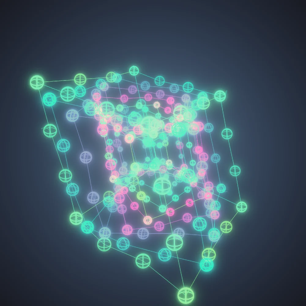 Neon Orbs – Mandala · 220 wireframe spheres · Neon palette · bloom, warm grade, 3D depth, glow, depth sorting, turning solids generated with Espiralito