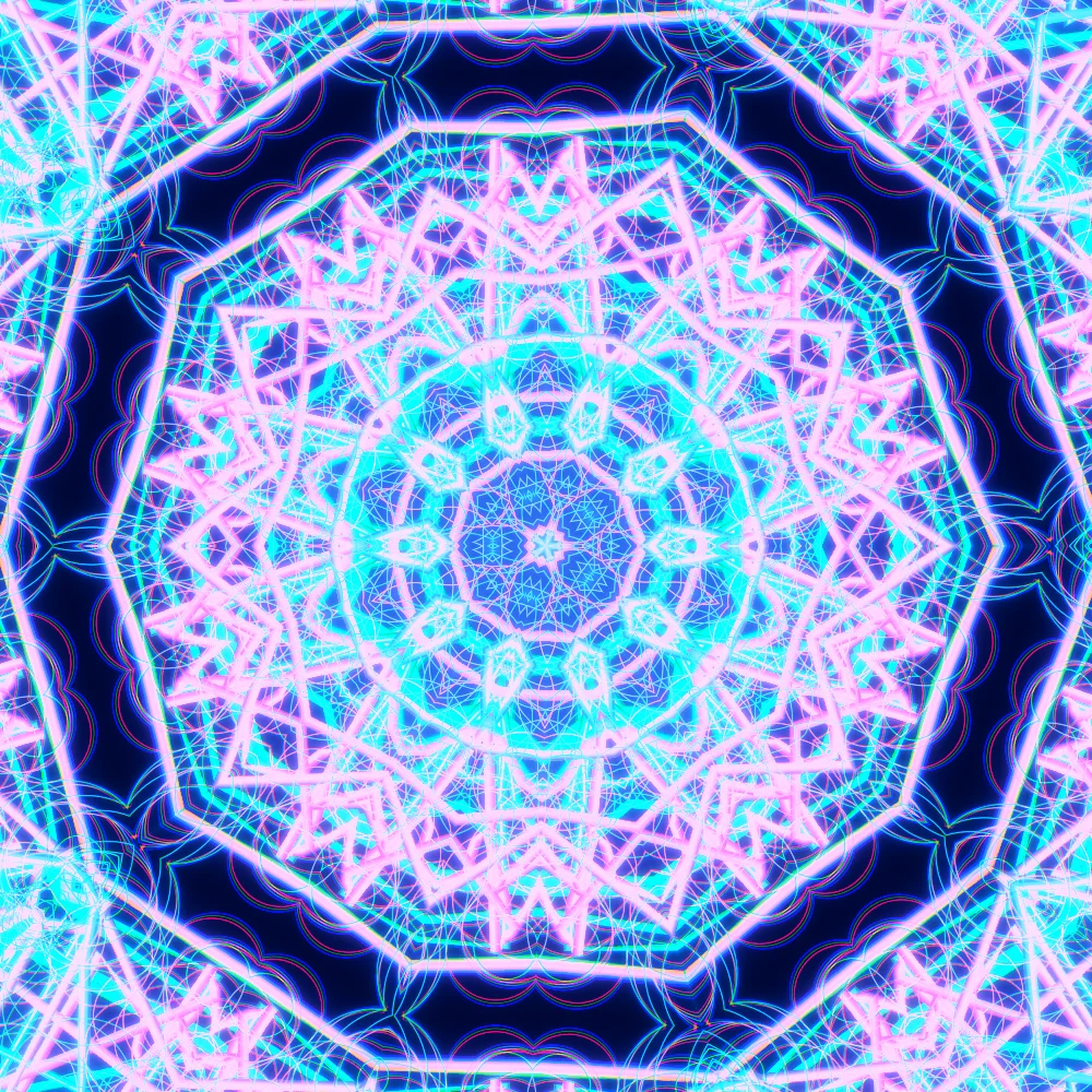 Neon Origami – Lissajous · 300 circles · Vaporwave palette · ribbons + dots, 5-wedge kaleidoscope with 3 fractal folds, bloom, chromatic aberration, neon grade generated with Espiralito