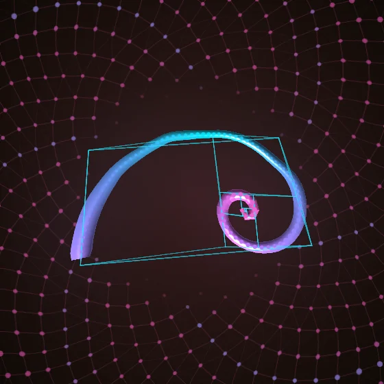 Neon Seedhead – Fibonacci · 106 wireframe spheres · Neon palette · ribbons + dots, , 3D depth, tapered strokes, animated background, noise-sized shapes
