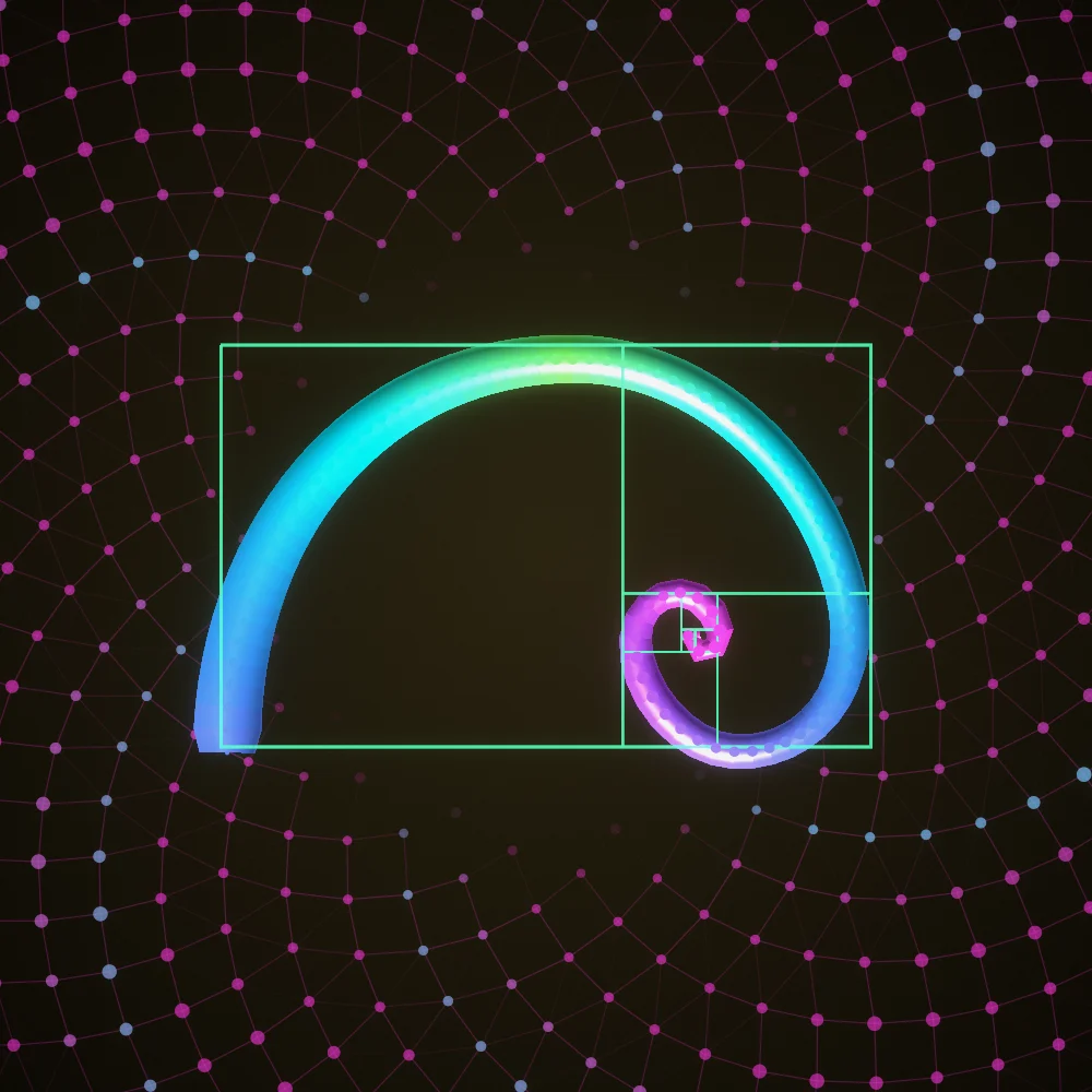 Neon Seedhead – Fibonacci · 106 wireframe spheres · Neon palette · ribbons + dots, bloom, film grain, 3D depth, tapered strokes, noise-sized shapes generated with Espiralito