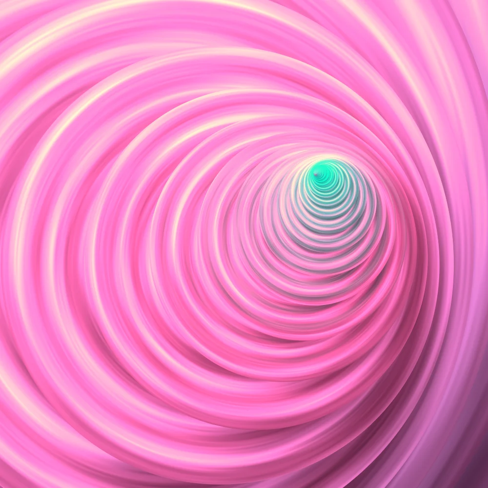 Neon Tunnel – Swirls · a stack of paper discs sinking into a tunnel · Neon palette · bloom, warm grade, reverse rotation generated with Espiralito