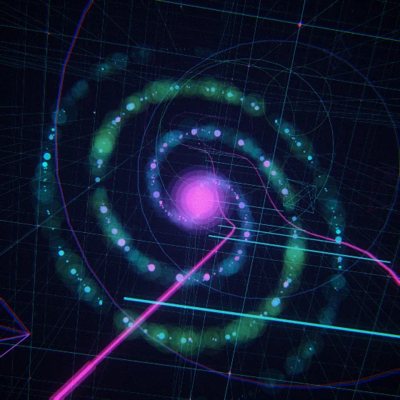 Neon Whorl – Spiral · 202 circles · 2-fold symmetry · Neon palette · bloom, chromatic aberration, film grain, 3D depth, depth sorting