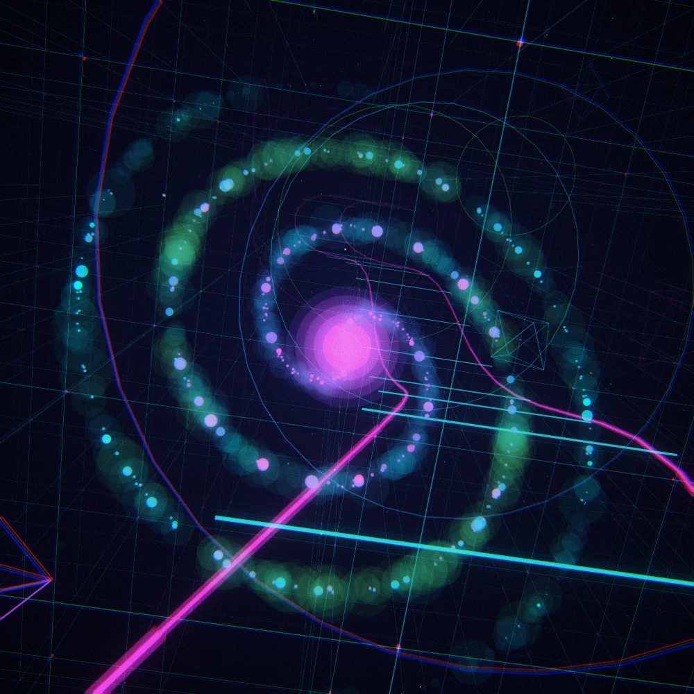 Neon Whorl – Spiral · 202 circles · 2-fold symmetry · Neon palette · bloom, chromatic aberration, film grain, 3D depth, depth sorting generated with Espiralito