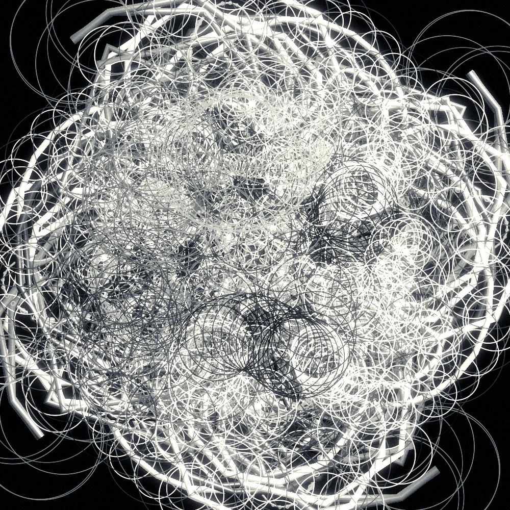 Noir Bloom – Spirograph · 300 circles · 4-fold symmetry · Arctic palette · ribbons + dots, bloom, film grain, black-and-white grade generated with Espiralito